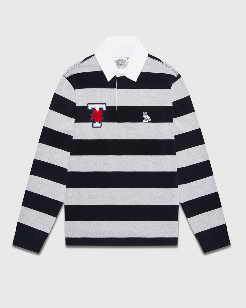 U Of T Striped Rugby Polo - Navy/Heather Grey